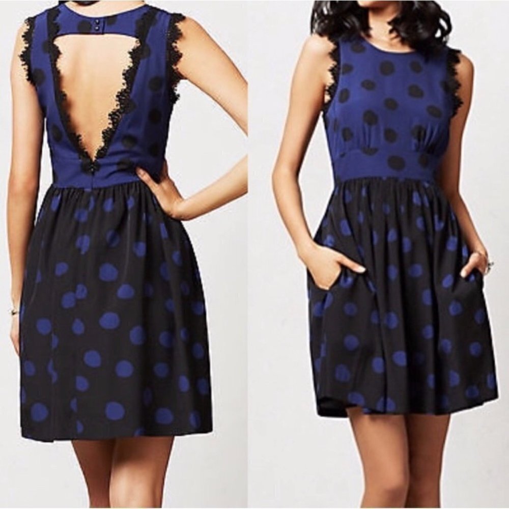 Corey Lynn Calter Blue Black Sleeveless Open Back Dress Women's Size 4 Lace Trim